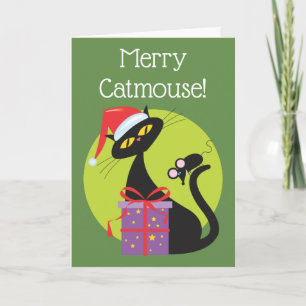 Retro Christmas Black Cat Black Mouse Holiday Card