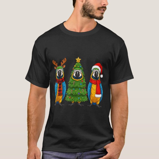 Retro Christmas Blue And Yellow Macaw Parrot Santa T-Shirt (Front)
