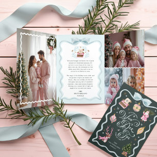 Retro Christmas Blue Ribbon Family Photo Gallery Tri-Fold Holiday Card