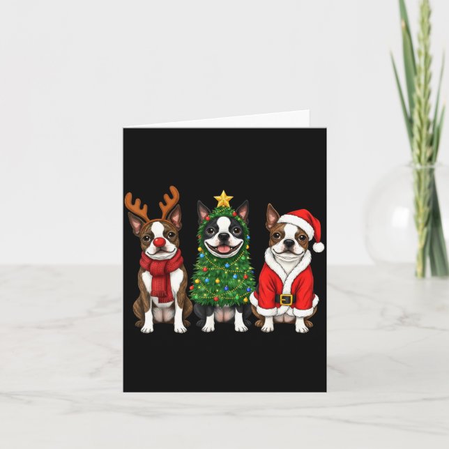 Retro Christmas Boston Terrier Santa Reindeer Dog  Card (Front)