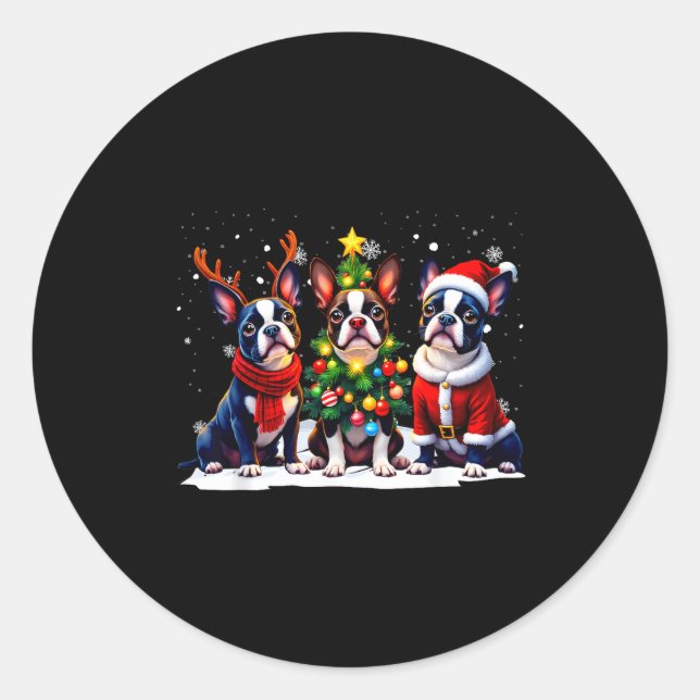 Retro Christmas Boston Terrier Santa Reindeer Dog  Classic Round Sticker (Front)