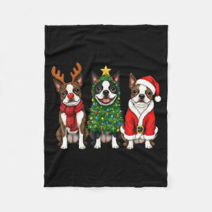 Retro Christmas Boston Terrier Santa Reindeer Dog Fleece Blanket