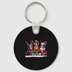 Retro Christmas Boston Terrier Santa Reindeer Dog  Key Ring