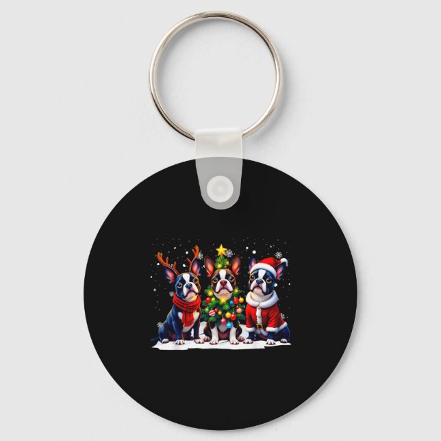 Retro Christmas Boston Terrier Santa Reindeer Dog  Key Ring (Front)