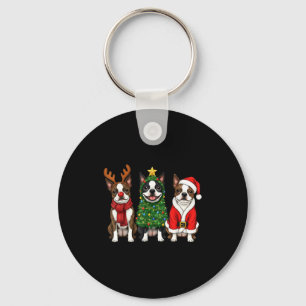 Retro Christmas Boston Terrier Santa Reindeer Dog  Key Ring