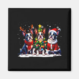 Retro Christmas Boston Terrier Santa Reindeer Dog  Magnet