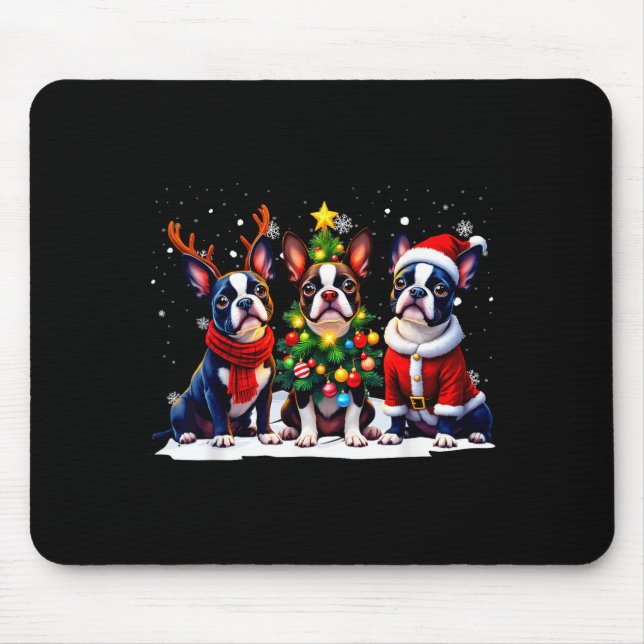 Retro Christmas Boston Terrier Santa Reindeer Dog  Mouse Pad (Front)
