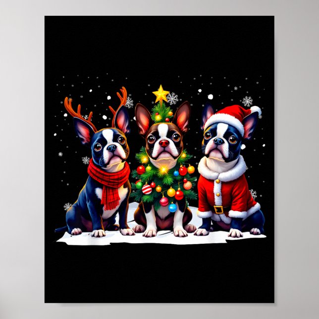 Retro Christmas Boston Terrier Santa Reindeer Dog  Poster (Front)