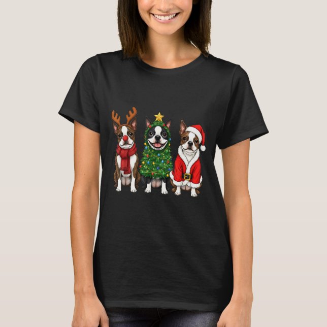 Retro Christmas Boston Terrier Santa Reindeer Dog  T-Shirt (Front)
