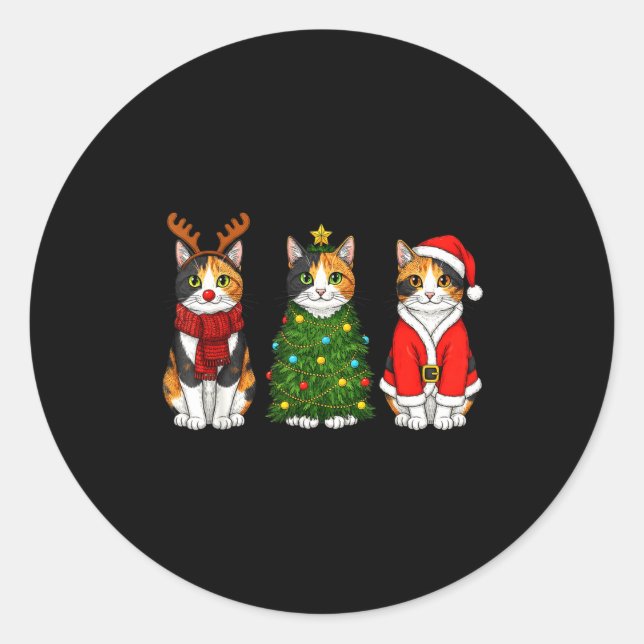 Retro Christmas Calico Cat Santa Reindeer  Classic Round Sticker (Front)