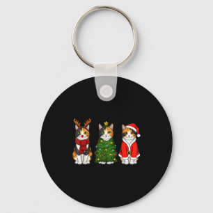 Retro Christmas Calico Cat Santa Reindeer Key Ring