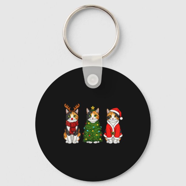 Retro Christmas Calico Cat Santa Reindeer  Key Ring (Front)