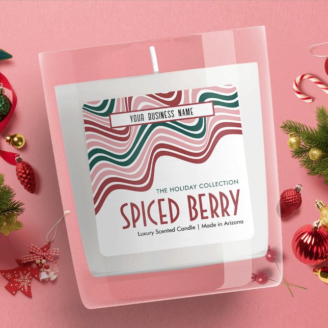 Retro Christmas Candle Packaging Red Green Groovy Square Sticker (Add a retro touch to your holiday packaging design with this nostalgic jar label in red and green)