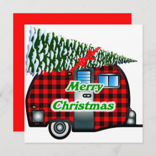 Retro Christmas Card Plaid Camper n Tree