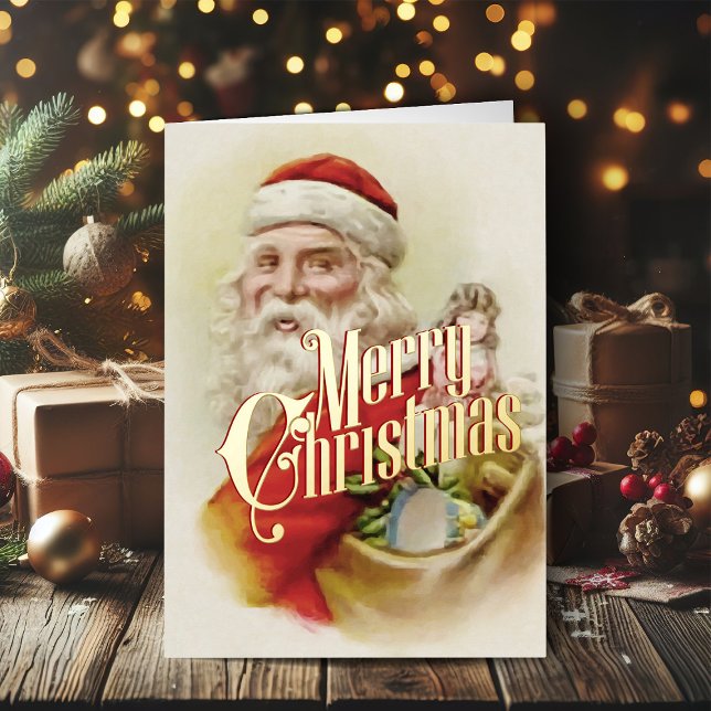 Retro Christmas Card Vintage Merry Christmas (Vintage Christmas cards gold foil Christmas card with retro Santa Claus)
