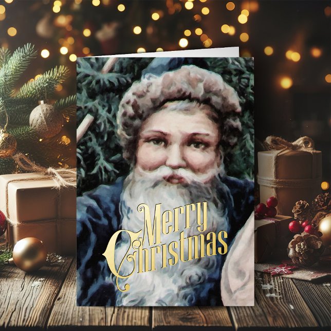 Retro Christmas Card Vintage Merry Christmas (Vintage Christmas cards gold foil Christmas card with retro Santa Claus)