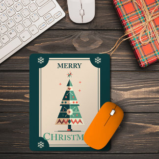 Retro Christmas Card With Geometric Tree Design Mouse Pad