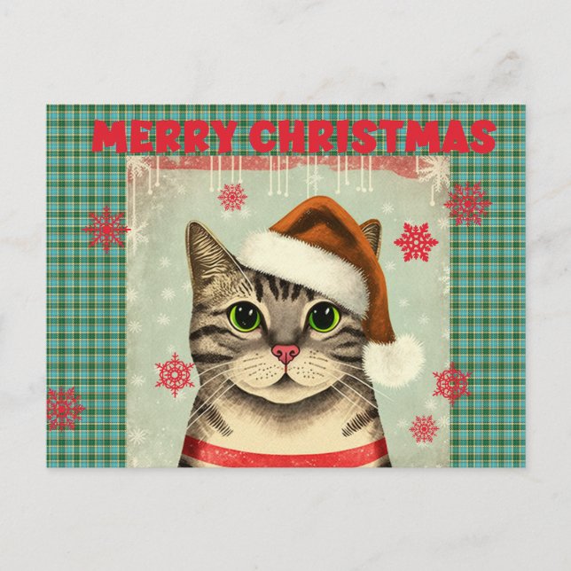 Retro Christmas Cat Merry Christmas postcard (Front)
