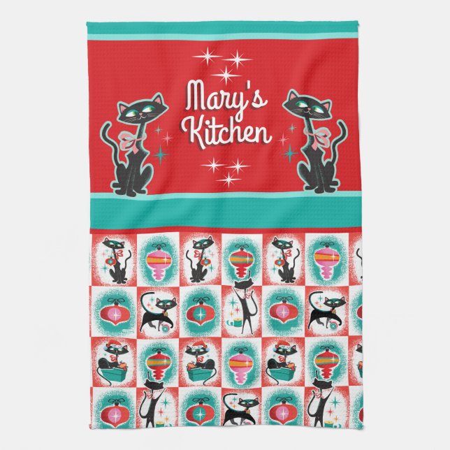 Retro Christmas Cats - Customisable  Tea Towel (Vertical)