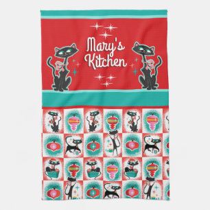 Retro Christmas Cats - Customizable Tea Towel