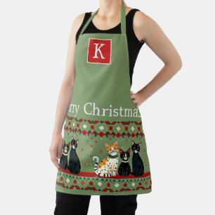 Retro Christmas cats monogram Apron
