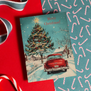 Retro Christmas Classic Car and Festive Tree Scene Holiday Card