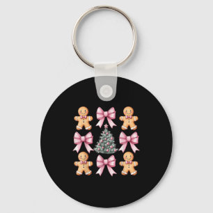 Retro Christmas Coquette Bow Pink Gingerbread Man Key Ring