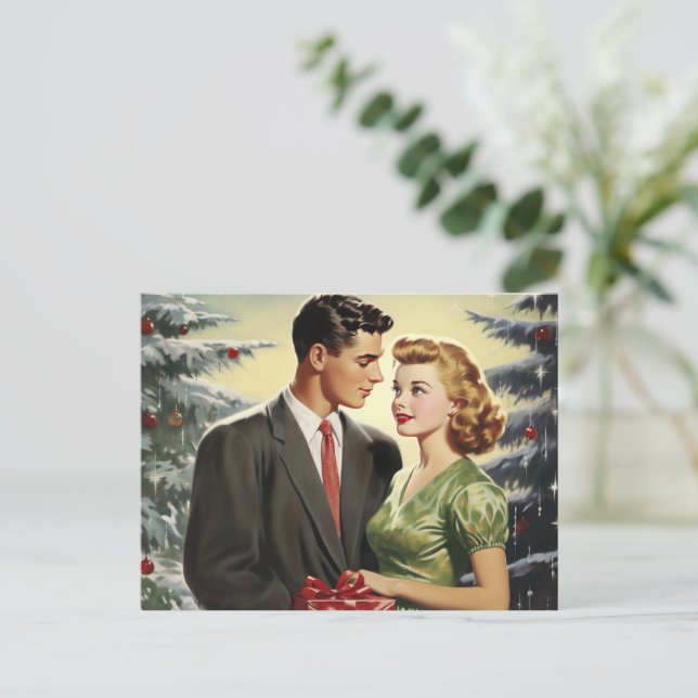 Retro Christmas Couple in Vintage Style Postcard (Standing Front)