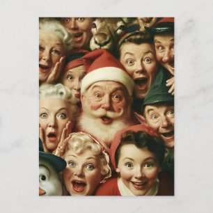 Retro Christmas Crowd with Santa Claus Postcard