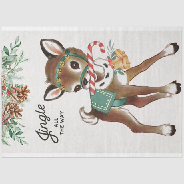 Retro Christmas Deer and Candy Cane Tissue Paper (Front)