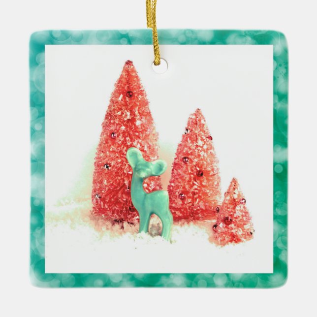 Retro Christmas Deer with Aqua Frame Ceramic Tree Decoration (Front)