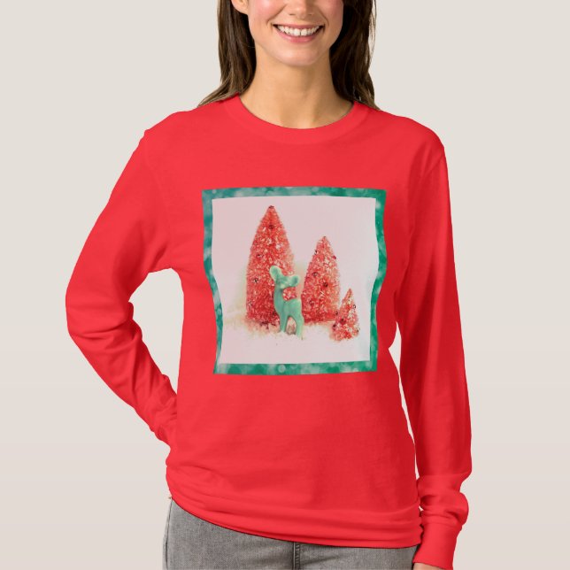 Retro Christmas Deer with Aqua Frame on Red T-Shirt (Front)