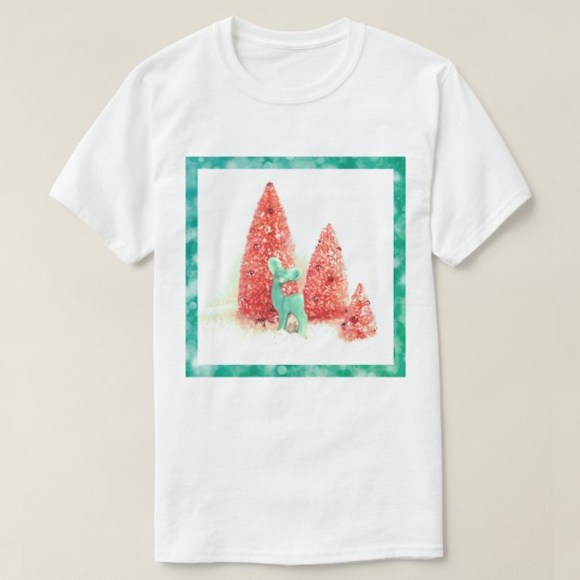 Retro Christmas Deer with Aqua Frame T-Shirt (Design Front)