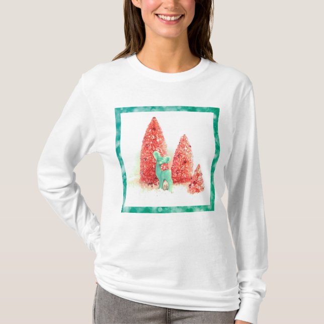 Retro Christmas Deer with Aqua Frame T-Shirt (Front)