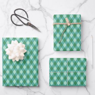 Retro Christmas Diamond Plaid - Green & Turquoise Wrapping Paper Sheet