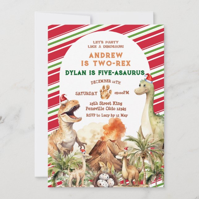 Retro Christmas Dinosaur Sibling Birthday  Invitation (Front)