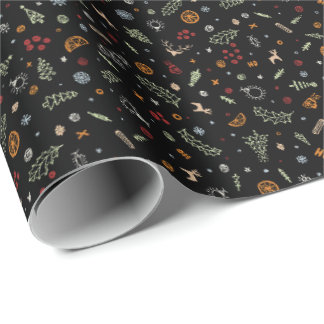 Retro Christmas Doodles Toss in Pure Black Wrapping Paper