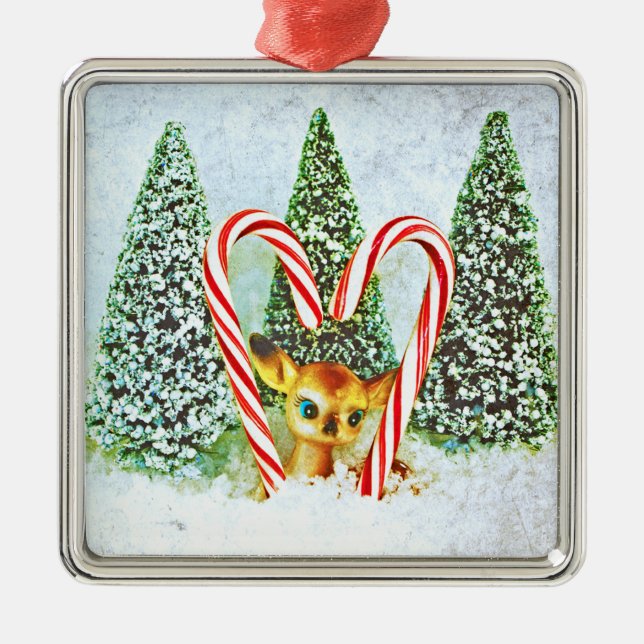Retro Christmas Fawn Metal Tree Decoration (Front)