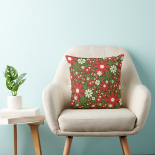 Retro Christmas Floral Fantasy Pattern Red Green Cushion