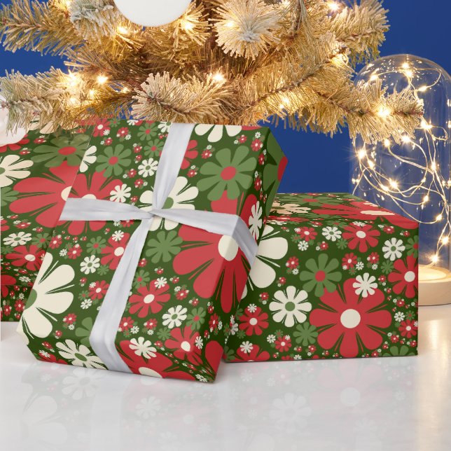 Retro Christmas Floral Fantasy Pattern Red Green Wrapping Paper (Holidays)