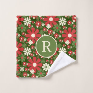 Retro Christmas Flowers 60s 70s Floral Initial Wash Cloth