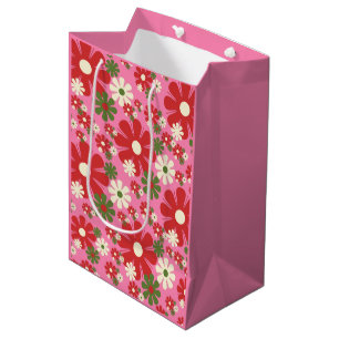 Retro Christmas Flowers 60s 70s Floral on Pink Medium Gift Bag