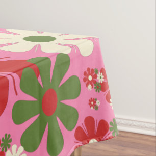 Retro Christmas Flowers 60s 70s Floral on Pink Tablecloth