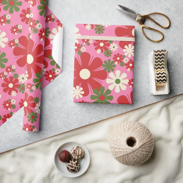 Retro Christmas Flowers 60s 70s Floral on Pink Wrapping Paper (Crafts)