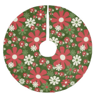 Retro Christmas Flowers 60s 70s Floral Pattern Brushed Polyester Tree Skirt