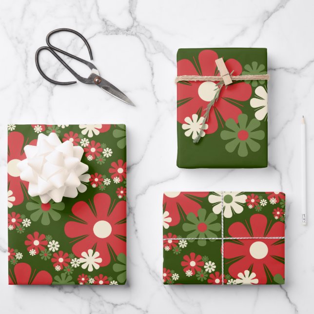 Retro Christmas Flowers 60s 70s Floral Patterns Wrapping Paper Sheet (Front)