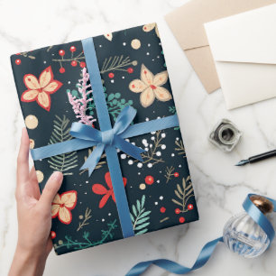 Retro Christmas Flowers Wrapping Paper