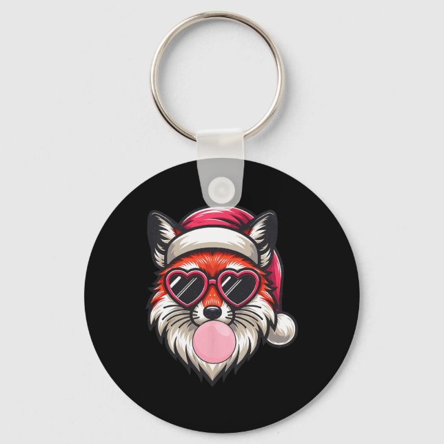 Retro Christmas Fox Santa Hat Blowing Bubble With  Key Ring (Front)