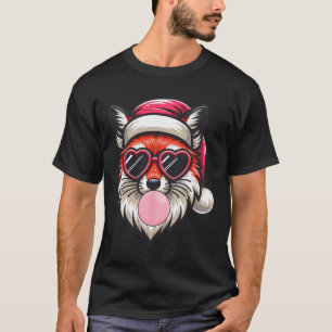 Retro Christmas Fox Santa Hat Blowing Bubble With T-Shirt