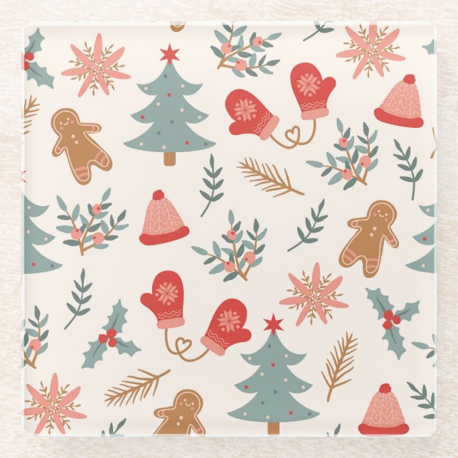 Retro Christmas Gingerbread Pattern. Glass Coaster (Front)